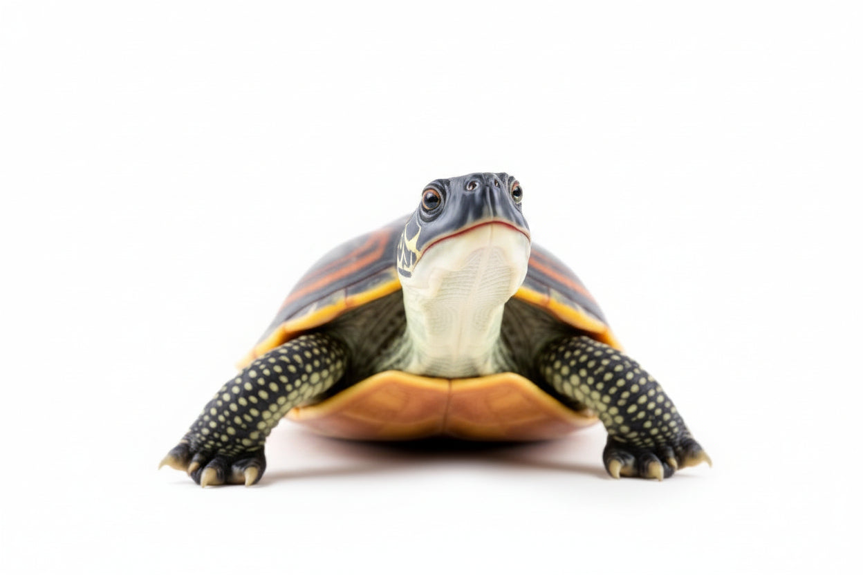 A realistic turtle figurine or toy shown from the front on a plain white background. The turtle has a dark gray head and legs, a yellow and orange patterned shell, and a cream-colored underside.